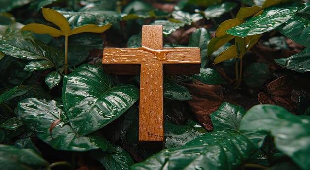 AI generated Wooden cross atop of green leaves, palm crosses picture photo