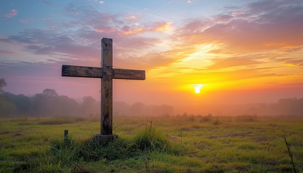 AI generated Cross on meadow at sunrise in autumn, palm sunday sunset image photo