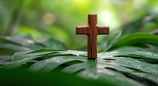 AI generated A wooden cross placed on a green leaf, palm crosses concept photo