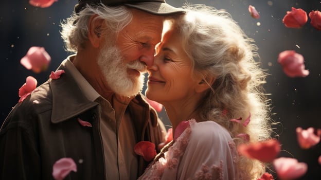 AI generated Elderly couple amidst soft background of pink rose petals, evoking everlasting love. Concept of love, affection, fidelity, tenderness. Valentines day. photo
