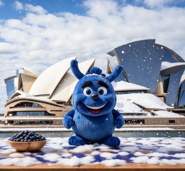 AI generated Blueberry mascot character with blueberries on the snow. photo