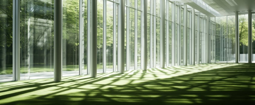 AI generated a green grass field with sunlight streaming through the glass photo