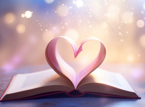 AI generated an open book shaped like a heart against the light of the background photo