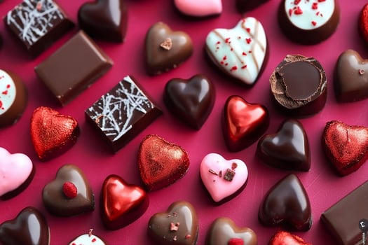 AI generated Valentines Day chocolate background. Red heart theme. Top down view. generative ai. photo