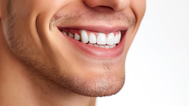 AI generated Young man with beautiful smile on white background. Teeth whitening, dentist advertisement photo