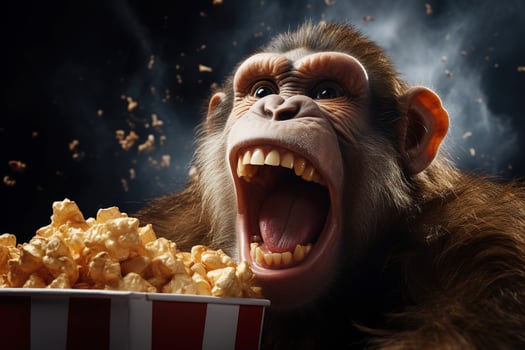 AI generated Close up portrait of a screaming monkey eating popcorn from a red white bucket in a cinema on a dark background photo