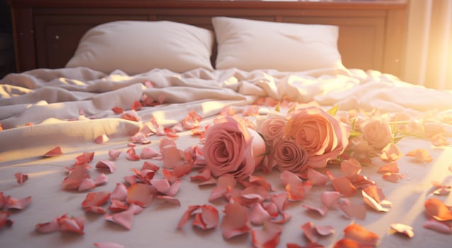 AI generated red rose petals near bed on table photo