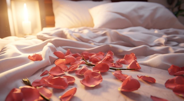 AI generated red rose petals near bed on table photo