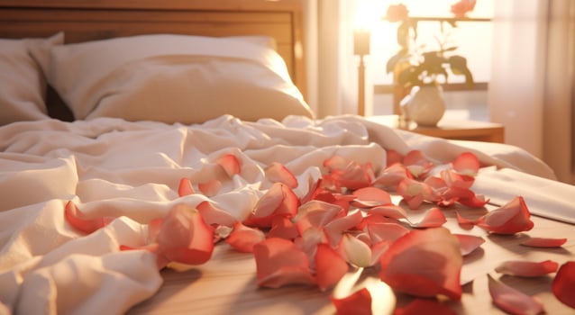 AI generated red rose petals near bed on table photo