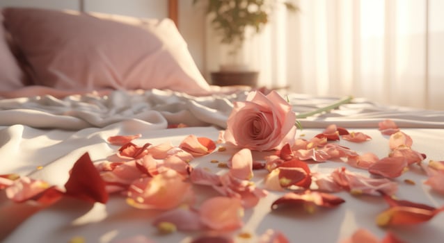 AI generated red rose petals near bed on table photo