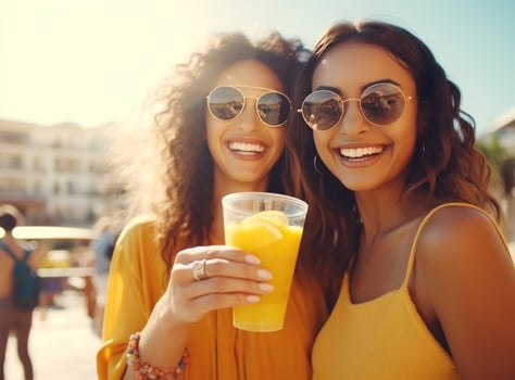 AI generated women friends holding orange juice on street talking in sunglasses photo