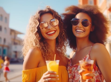 AI generated women friends holding orange juice on street talking in sunglasses photo