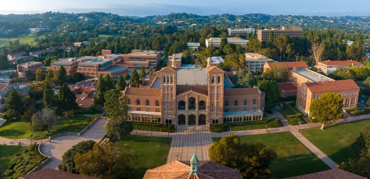 Aerial View of UCLA Campus Featuring Royce Hall in Serene Morning Light, Urban Westwood Surroundings photo