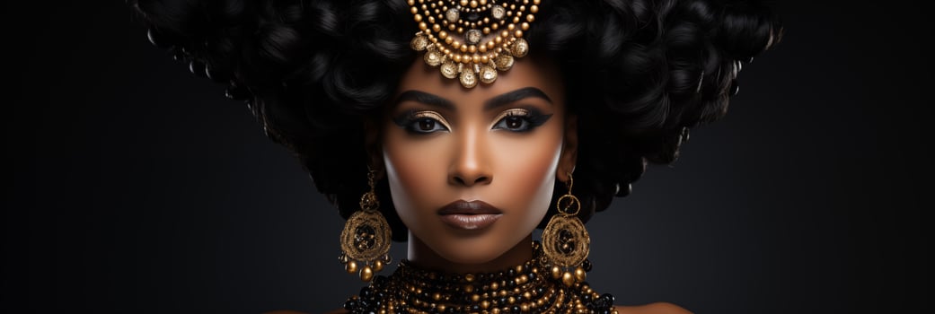 AI generated Banner Stunning model in golden jewelry, traditional African style, and elegant makeup. photo