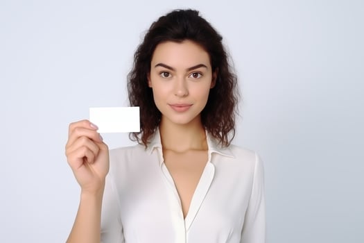 AI generated Smiling  girl handing a blank business card over white background photo
