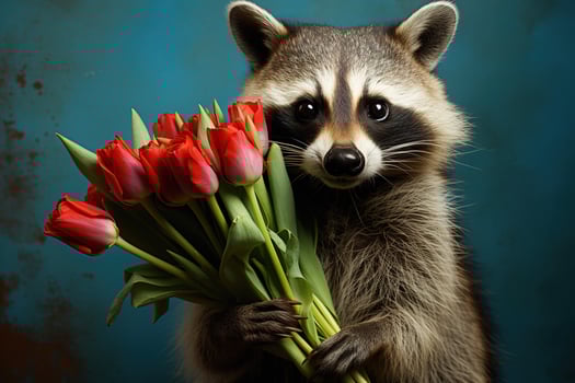AI generated raccoon with a bouquet of red tulips on blue background photo