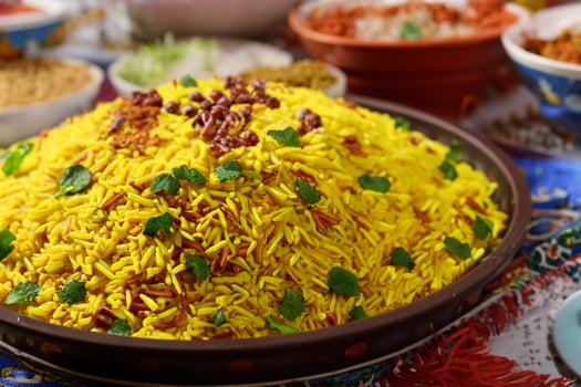 Embark on a Culinary Journey with the Exquisite Aroma and Flavorful Bliss of Kebuli Rice, a Fragrant Middle Eastern Dish Infused with Spices and Savory Perfection, Offering Gastronomic Joy. photo