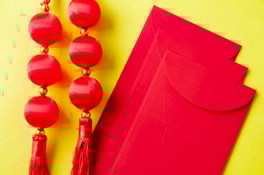 Top view of Chinese New Year red packet with customizable space for text or wishes. Chinese New Year celebration concept photo