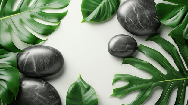 AI generated massage leaves and black stones on a white background photo