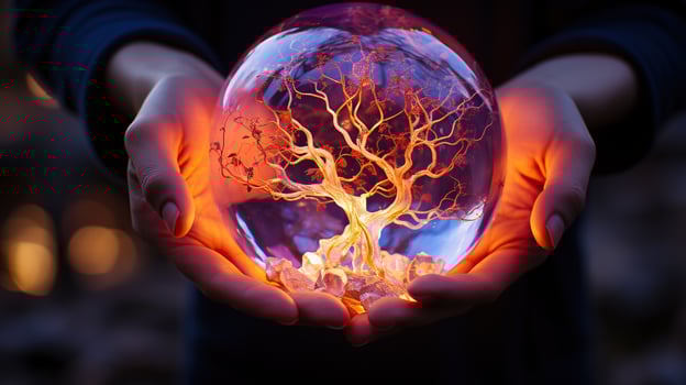 AI generated Hand holding a crystal ball with neon tree. Fantasy concept. Generative AI photo