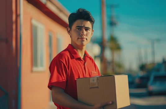 AI generated one delivery man in a red shirt holding a box. photo