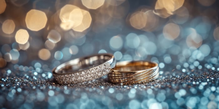 AI generated two wedding rings set on a snow background. photo