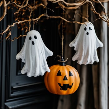AI generated Halloween decoration with scary pumpkins and ghosts on wooden background. photo