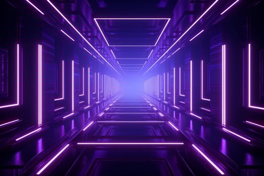 AI generated a long hallway with bright neon light and purple photo