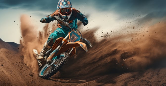 AI generated a woman rider on an orange dirt bike doing stunts photo
