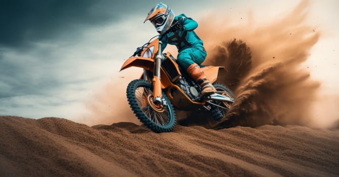 AI generated a woman rider on an orange dirt bike doing stunts photo