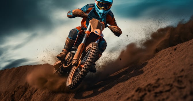 AI generated a woman rider on an orange dirt bike doing stunts photo