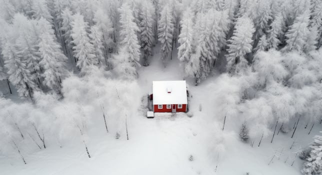 AI generated aerial view of a red house in winter forest photo