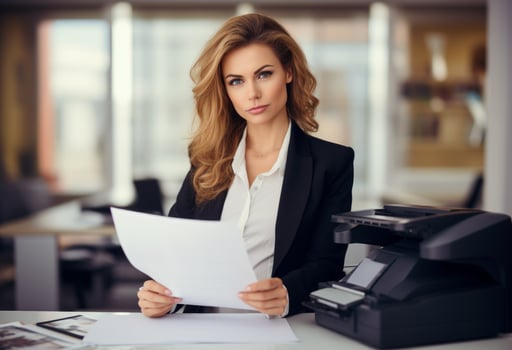 AI generated business woman in black attire smiles with her arms crossed photo