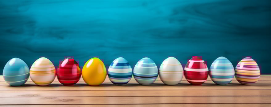 AI generated colorful easter eggs lined up on a wooden table photo