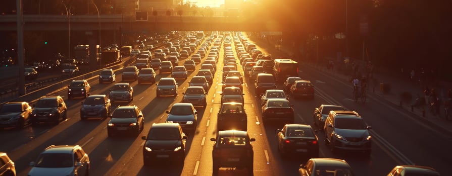 AI generated slow motion of car traffic driving on a highway in a city at sunset car jam photo