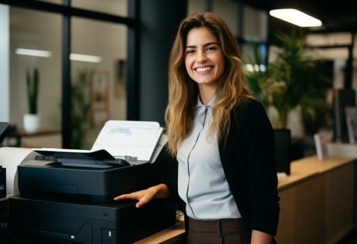 AI generated woman happy in office with printer photo