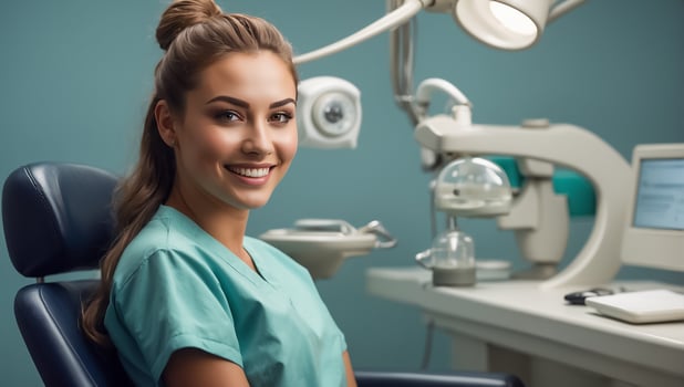 AI generated Beautiful girl in a dental chair in a clinic photo