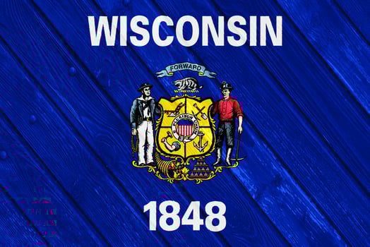 Flag of Wisconsin USA state on a textured background. Concept collage. photo
