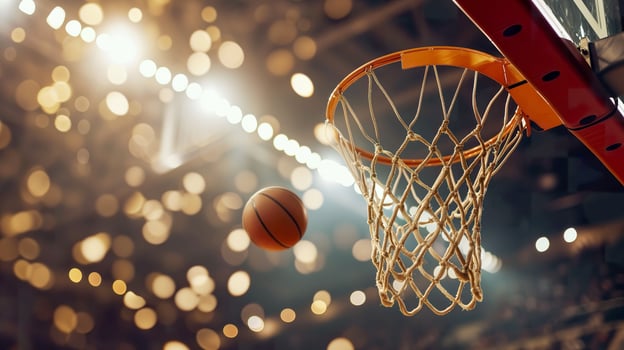 AI generated A basket ball flies into the basket against the background of a basketball arena photo
