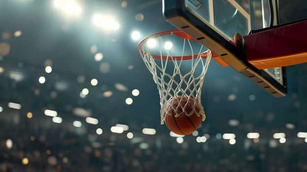 AI generated A basket ball flies into the basket against the background of a basketball arena photo