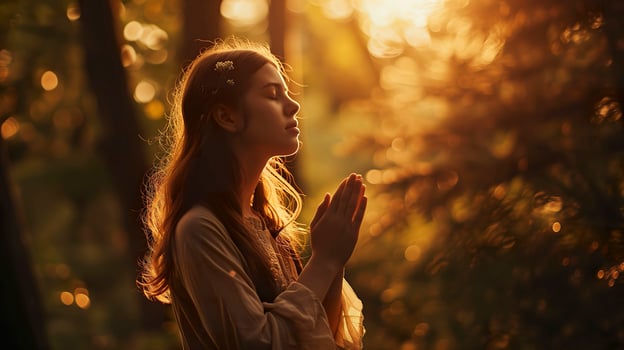 AI generated Serene Outdoor Meditation, Young Woman Praying Amidst Nature photo