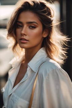 AI generated Stunning beautiful young woman with high contrast shadow and fashionable style photo