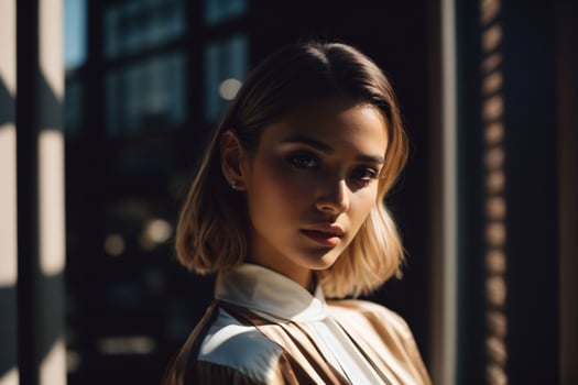 AI generated Stunning beautiful young woman with high contrast shadow and fashionable style photo