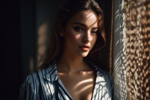 AI generated Stunning beautiful young woman with high contrast shadow and fashionable style photo