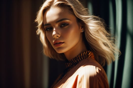 AI generated Stunning beautiful young woman with high contrast shadow and fashionable style photo