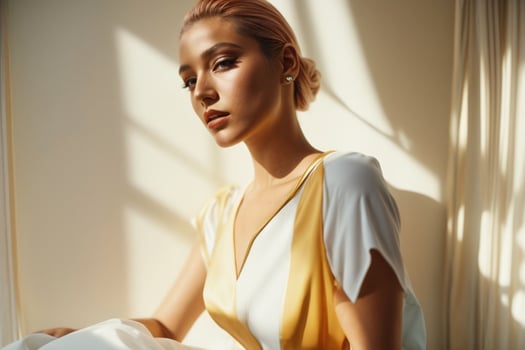 AI generated Stunning beautiful young woman with high contrast shadow and fashionable style photo