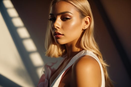 AI generated Stunning beautiful young woman with high contrast shadow and fashionable style photo