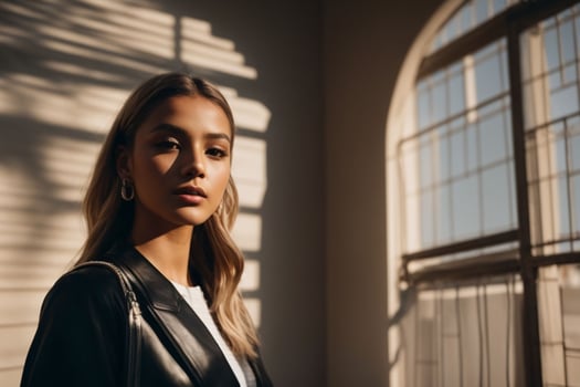 AI generated Stunning beautiful young woman with high contrast shadow and fashionable style photo