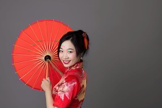 AI generated Portrait photography. Asian Chinese woman smiling in traditional cheongsam qipao dress on White or grey background. Chinese new year festival concept. photo