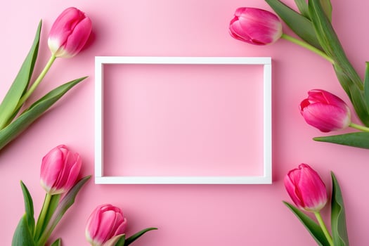 AI generated Pink tulips with white frame on pink background photo